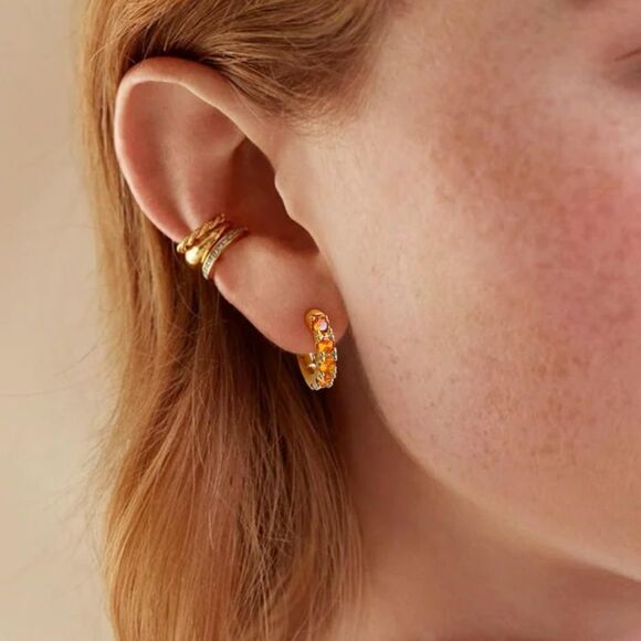 14K Yellow Gold Sterling Silver Orange Citrine Cubic Zirconia Huggie Earrings - Picture 3 of 8